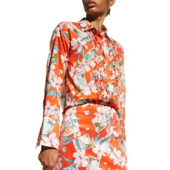 NWOT Le Superbe Kahuna Ruffle Front Tux Shirt in the Red Aloha 2 - Picture 2 of 8